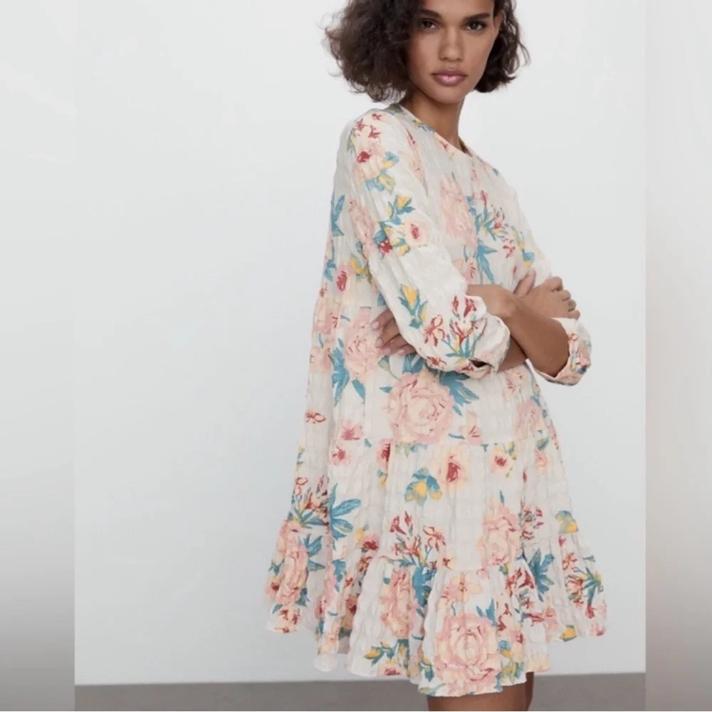 Zara Sharon 3/4 sleeve ruffle tiered floral dress multicolor pink green medium - Picture 2 of 7
